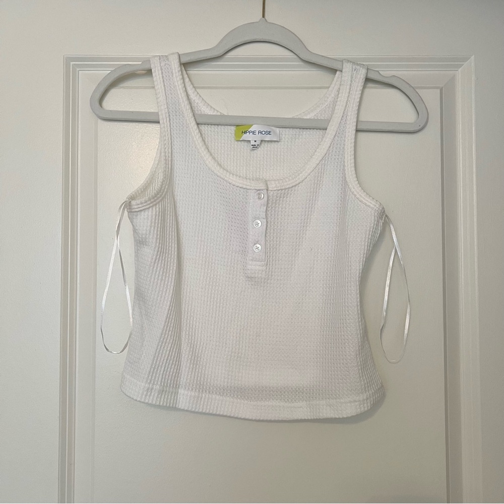NWT White waffle tank top with button neck